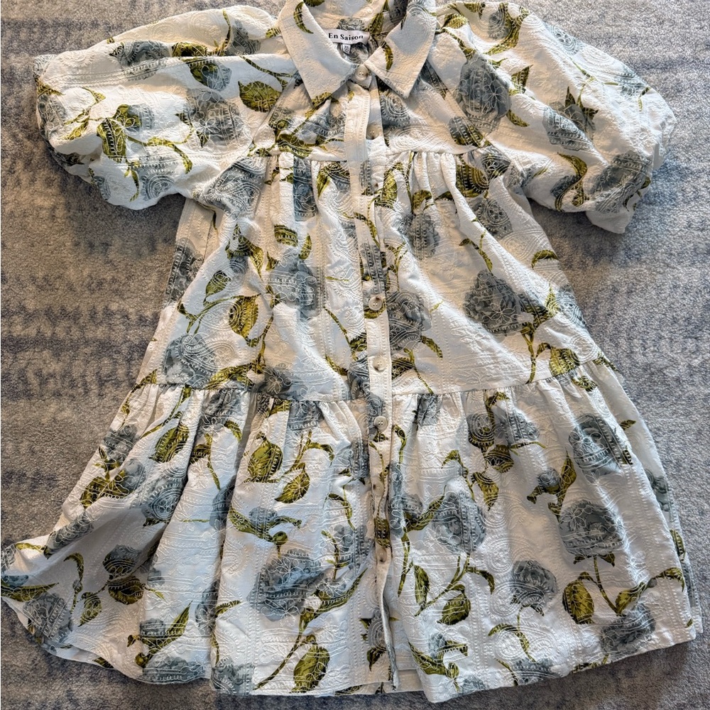Stunning embroidered floral En Saison puff sleeve dress with drop waist peplum